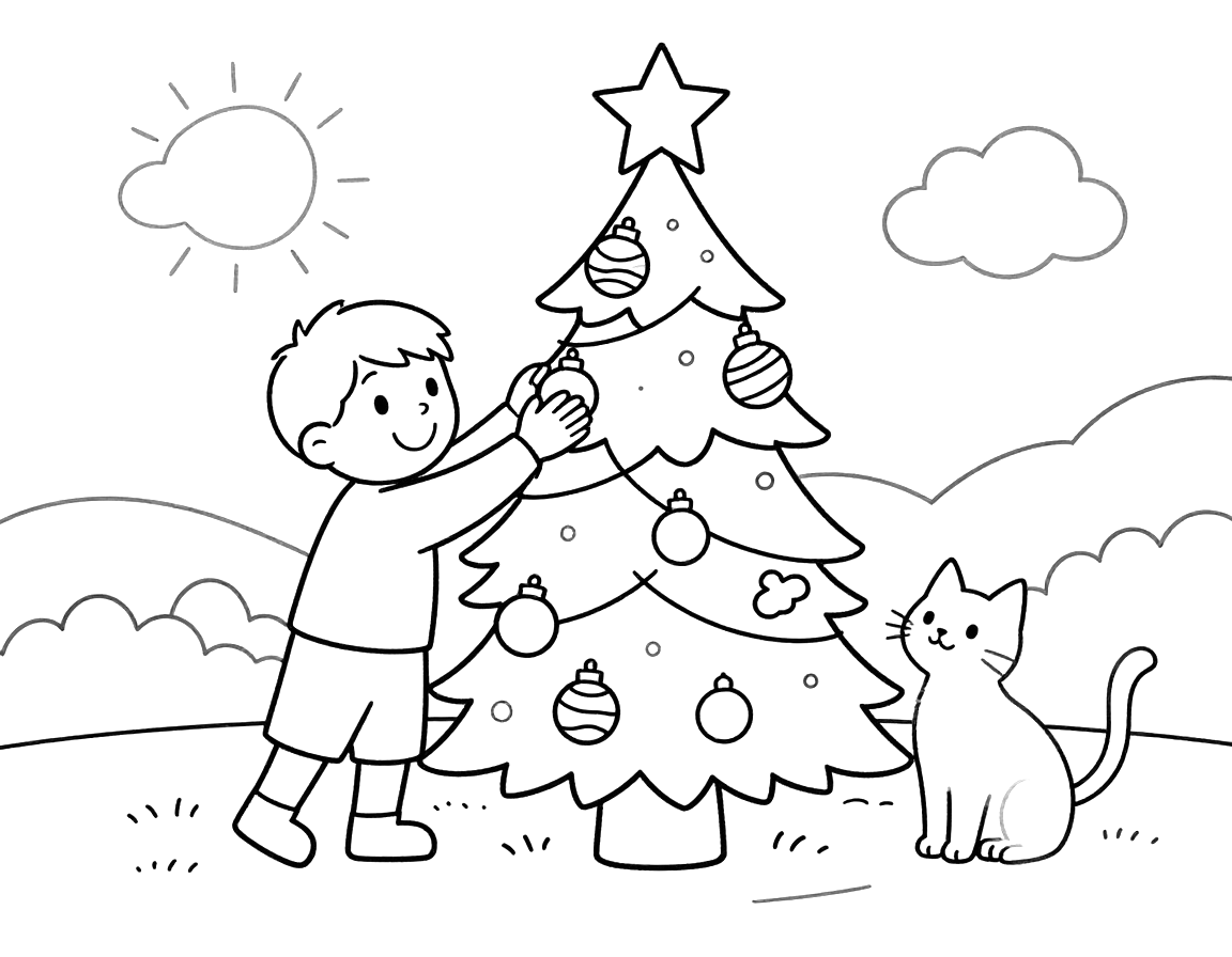 Tegning til farvelægning af et smilende barn, der hænger julekugler på et juletræ, mens en kat sidder og kigger på.
