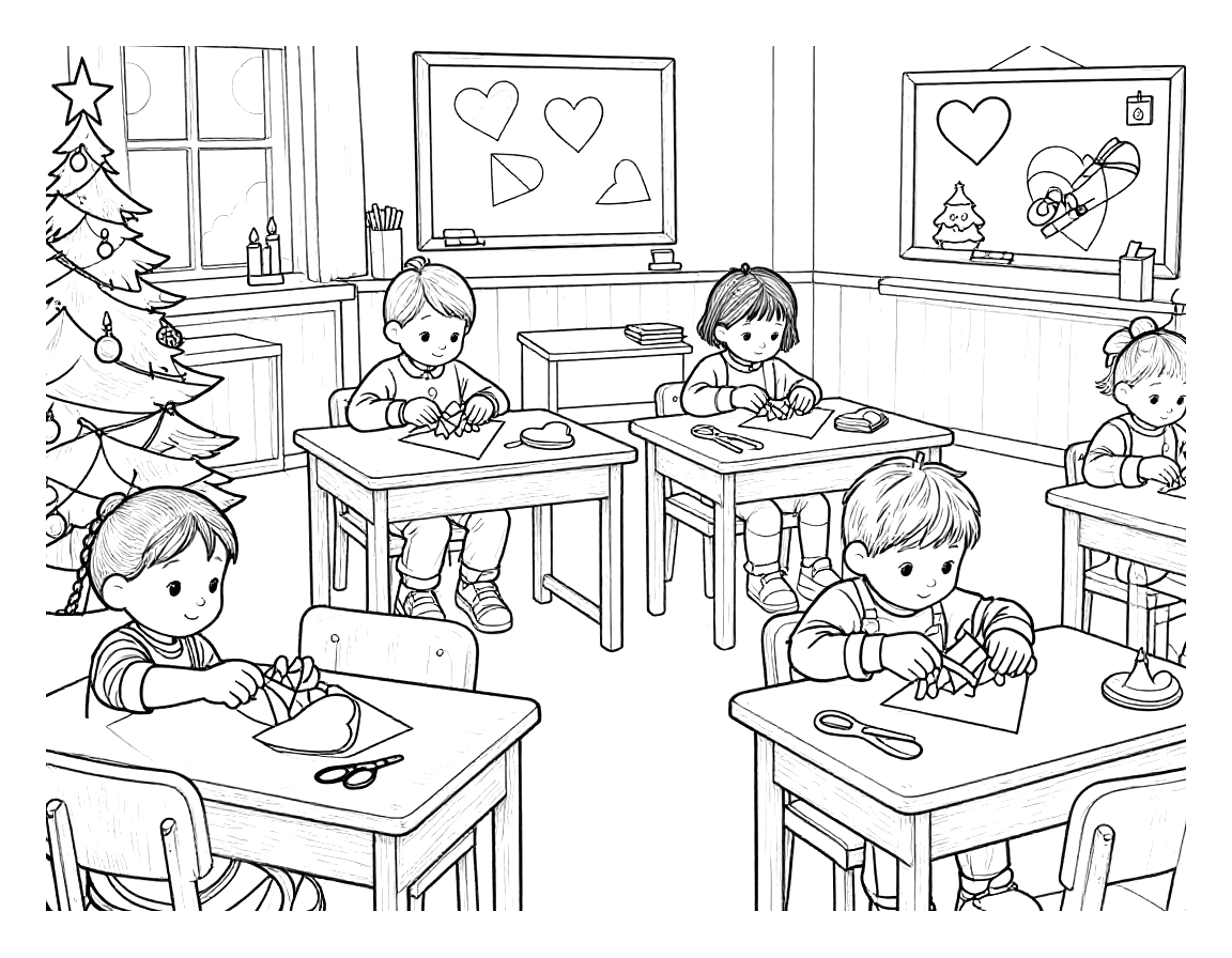 Tegning til farvelægning af en dansk skolestue i december, hvor børn sidder ved borde og fletter julehjerter af papirstrimler, med juletræ og tavler i baggrunden.