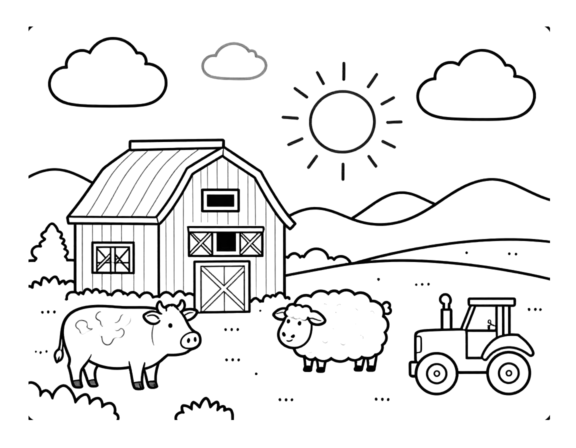 Tegning til farvelægning af en bondegård med lade, ko, får og traktor i gården