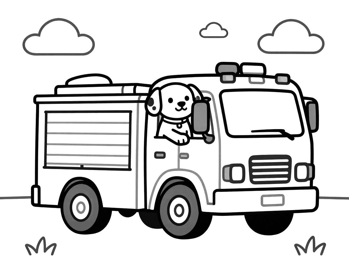 Tegning til farvelægning af en brandbil, hvor en brandmand vinker fra førerhuset sammen med en hund.