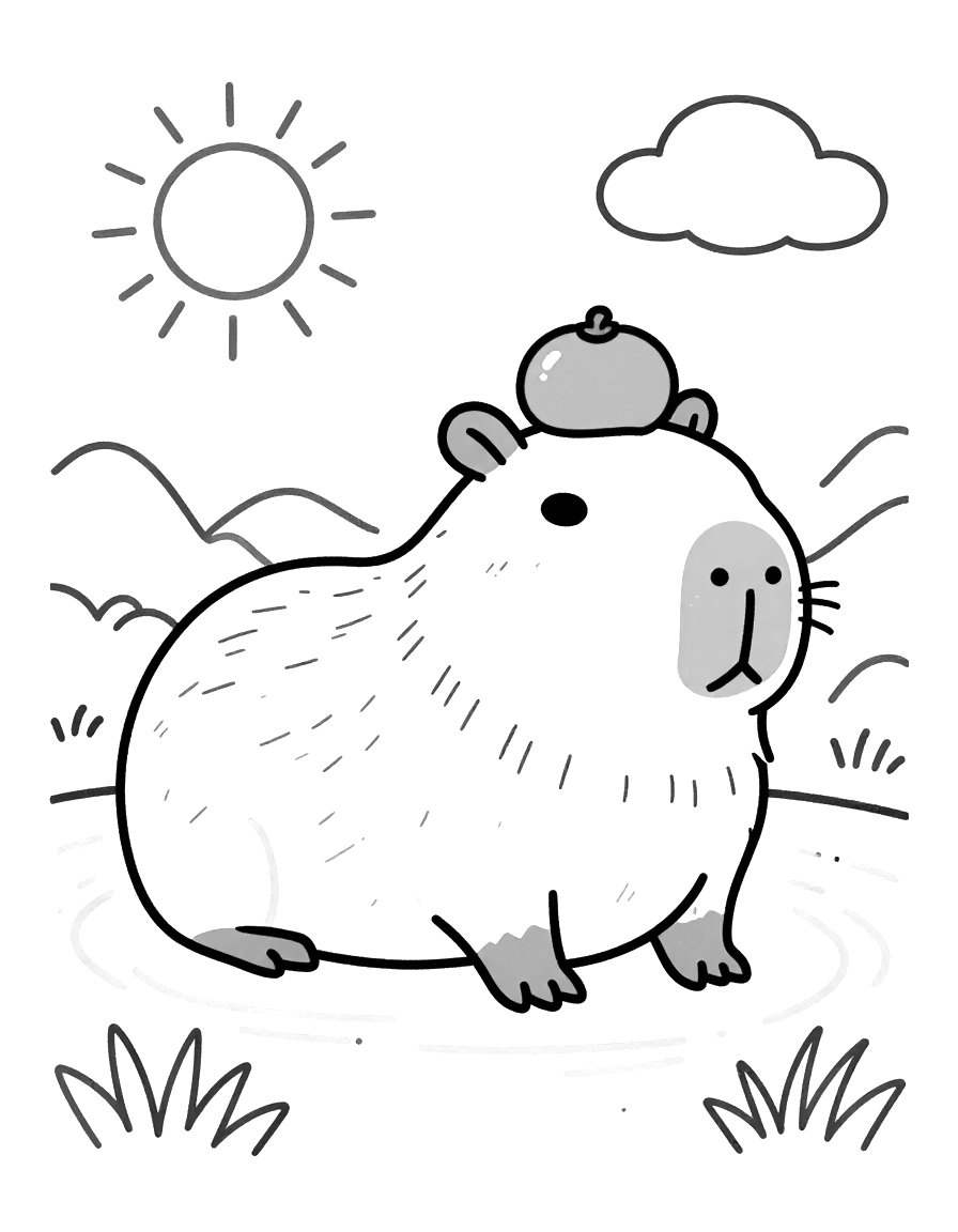 Tegning til farvelægning af en rolig capybara, der sidder i et varmt bad med en appelsin på hovedet under solen og en sky.