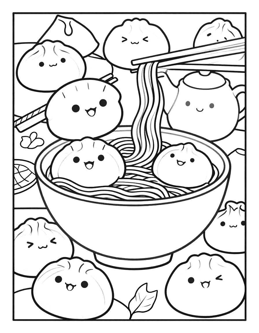Tegning til farvelægning med glade dumplings, en skål nudler, spisepinde og en tepotte i kawaii-stil