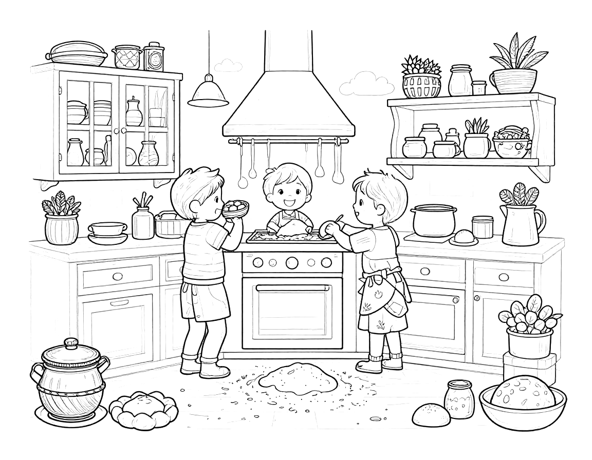 Tegning til farvelægning af en familie, der bager luciaboller i et køkken med mel, dej og stearinlys på bordet.