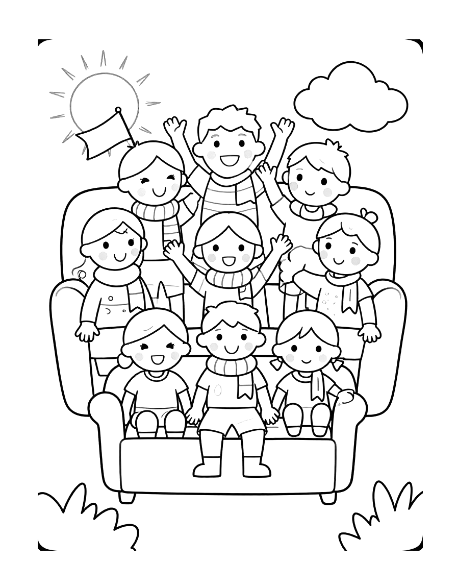Tegning til farvelægning med en familie, der sidder i en sofa med halstørklæder, flag og malede kinder og hepper på håndboldlandsholdet