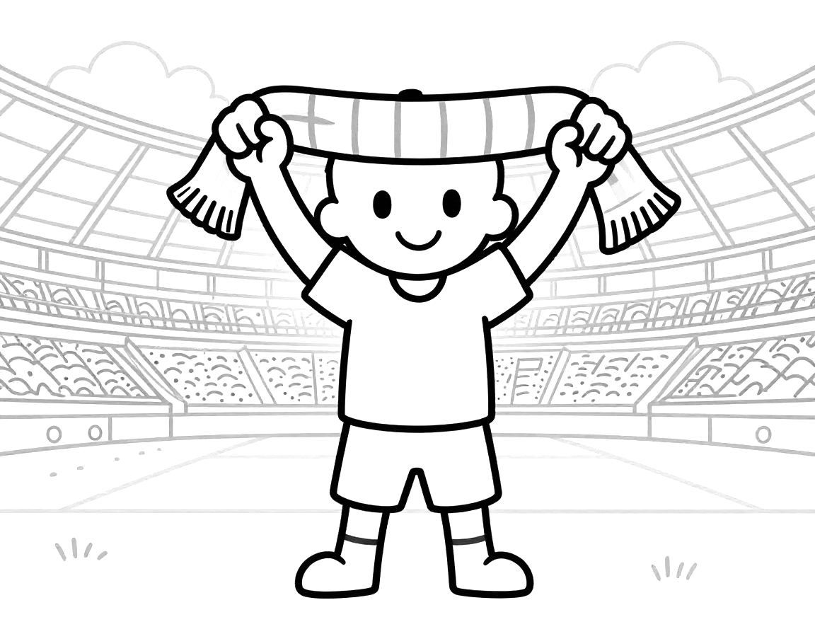 Tegning til farvelægning af en ung fodboldfan, der løfter et langt halstørklæde over hovedet i et stort stadion med tag.