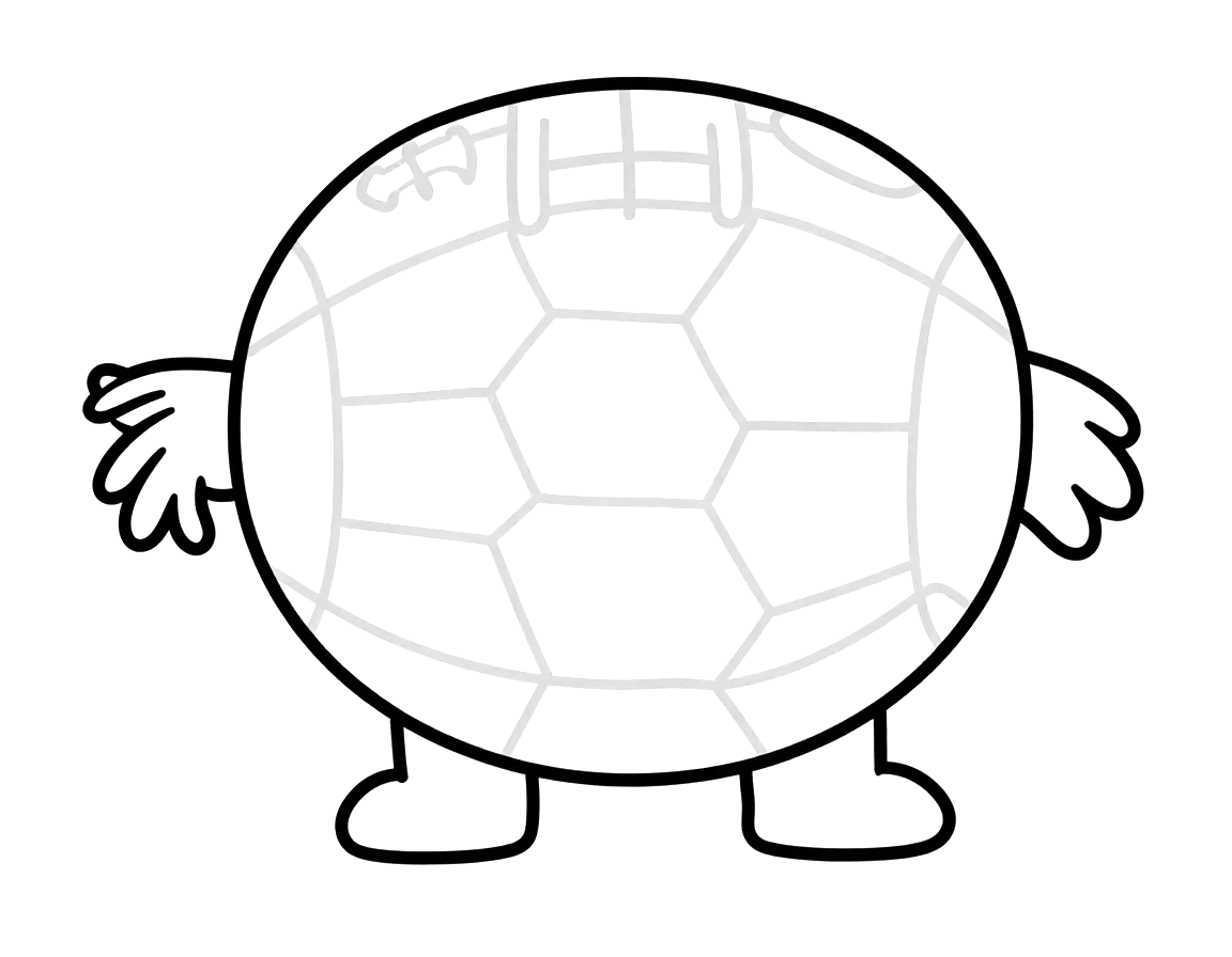 Tegning til farvelægning af en stor fodbold med ansigt, arme og ben, klar til at blive farvelagt