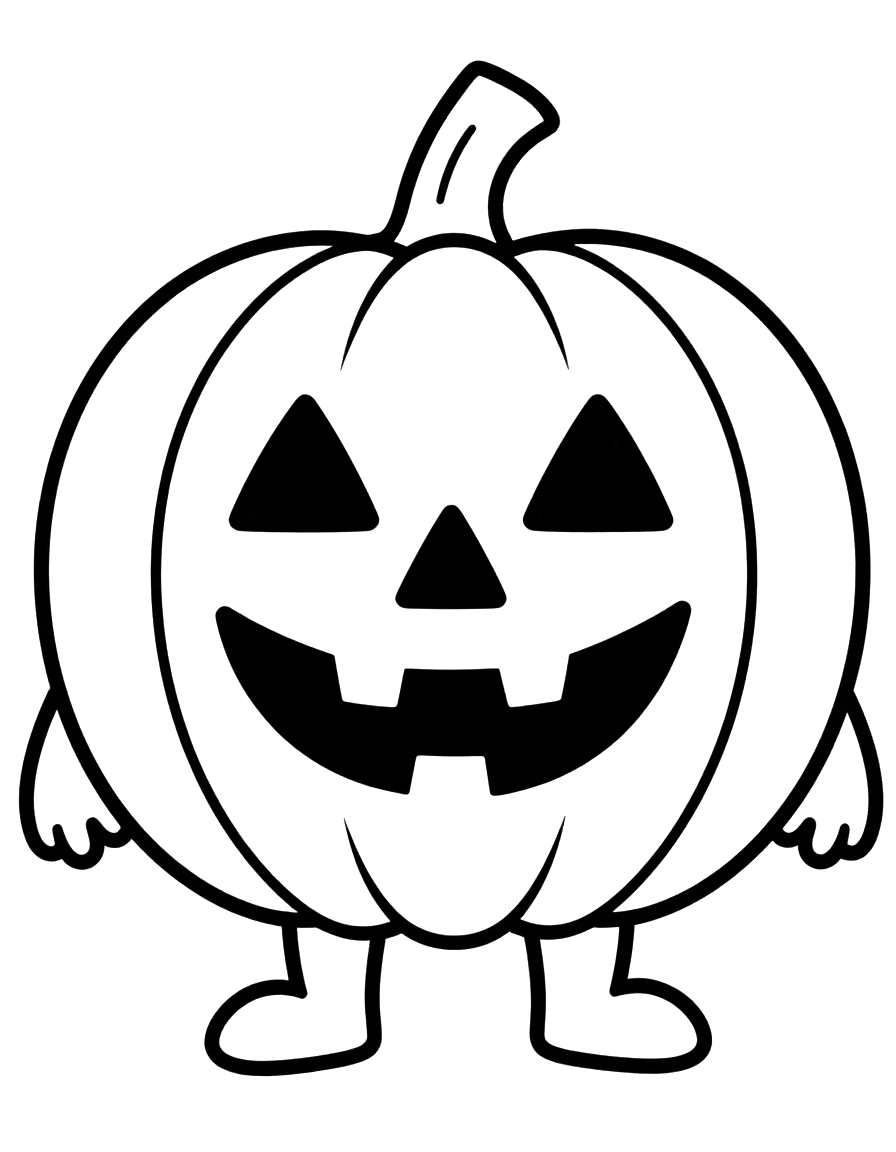 Tegning til farvelægning af et stort græskar med trekantede øjne og et tandet grin, klar til Halloween.