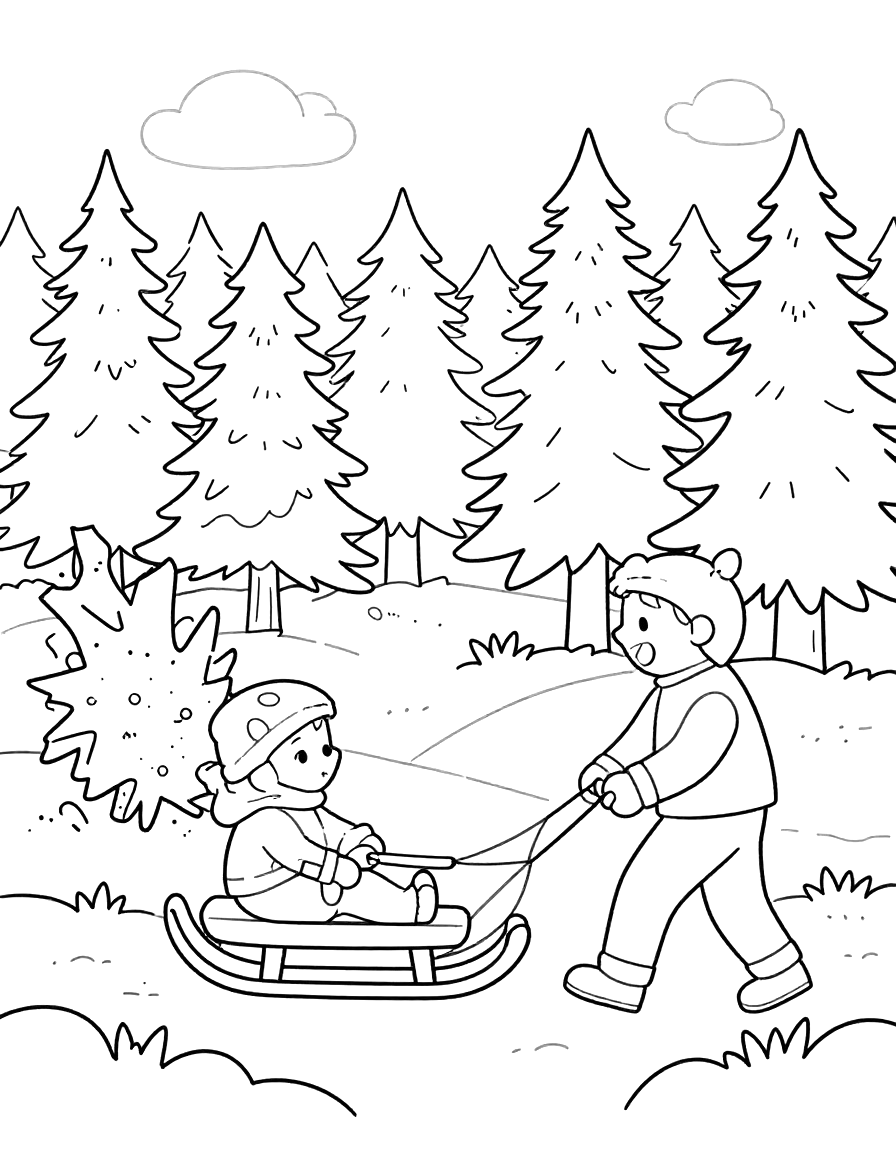 Tegning til farvelægning af et barn, der sidder på en kælk med et juletræ, mens en voksen trækker dem gennem en snedækket skov.