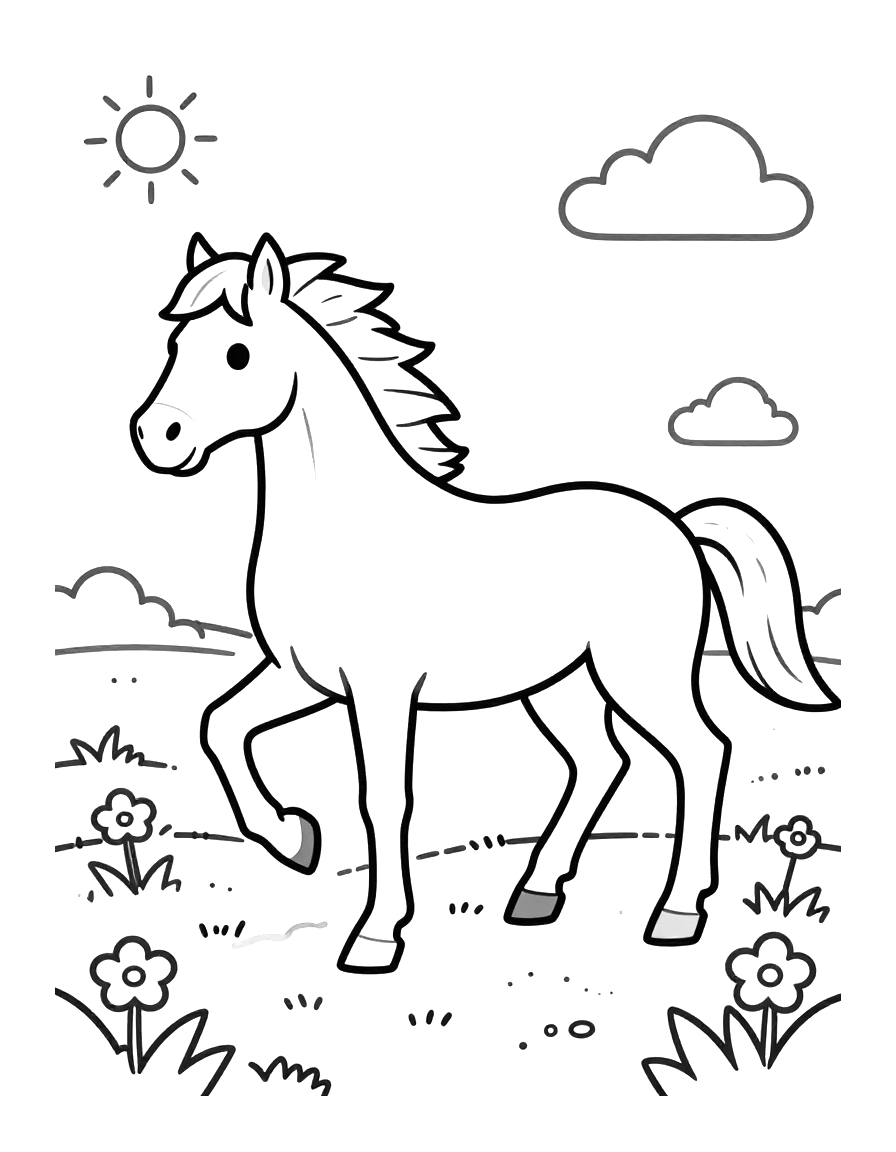 Tegning til farvelægning af en hest, der galopperer over en eng med blomster, sol og skyer.