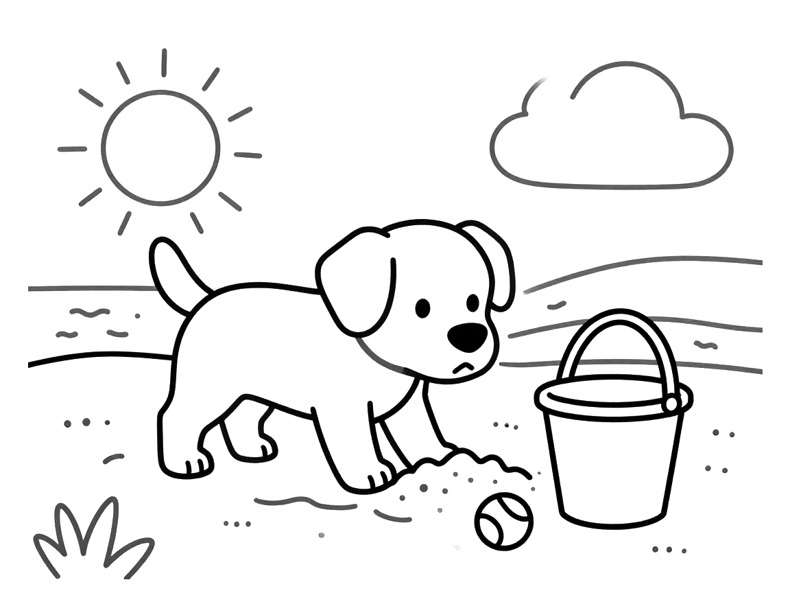Tegning til farvelægning af en hund, der graver et hul i sandet på stranden ved en spand og en bold