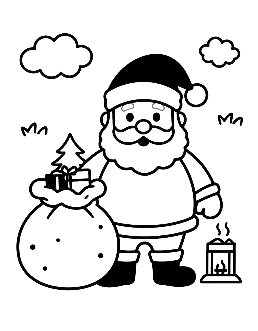 Tegning til farvelægning af julemanden, der står med en stor gavesæk ved pejsen med et lille juletræ ved siden af.