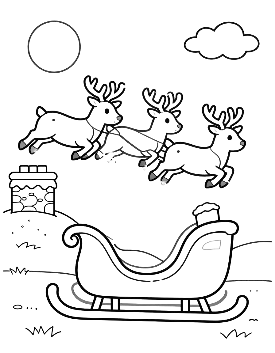 Tegning til farvelægning med julemanden i sin kane, der trækkes af tre rensdyr hen over snedækkede hustage og skorstene under en måne.