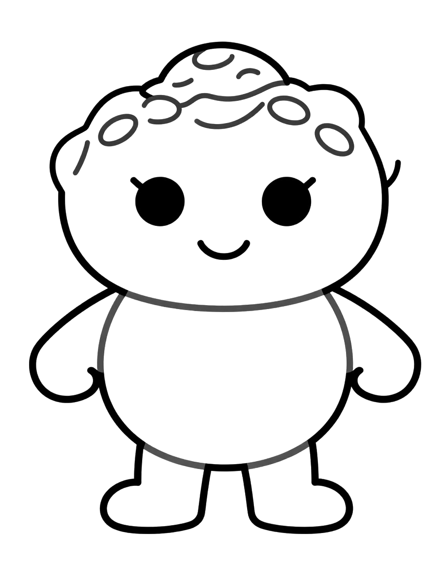 Tegning til farvelægning af en stor kagemand med rundt slik som knapper og et smil, tegnet med kraftige streger.