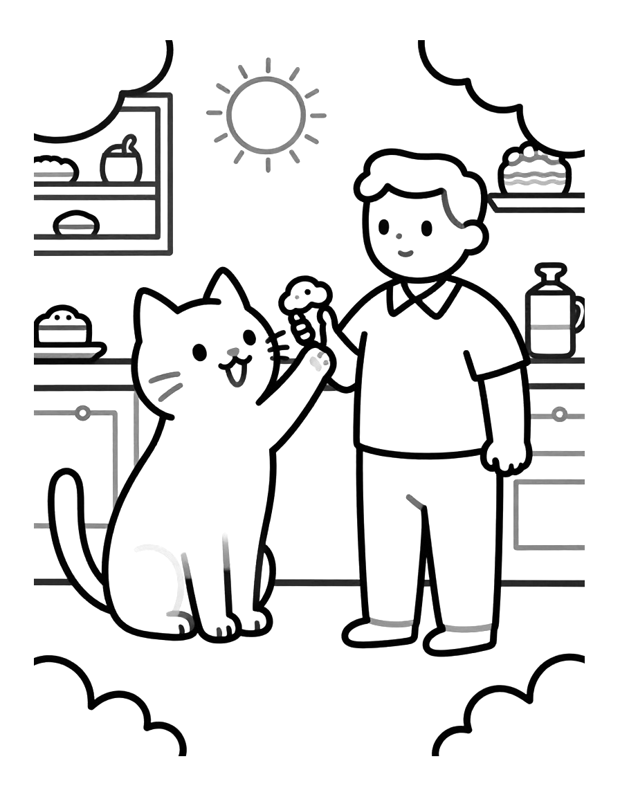 Tegning til farvelægning af en kat, der rækker poten op mod en kagemand i et køkken med kager på hylderne.