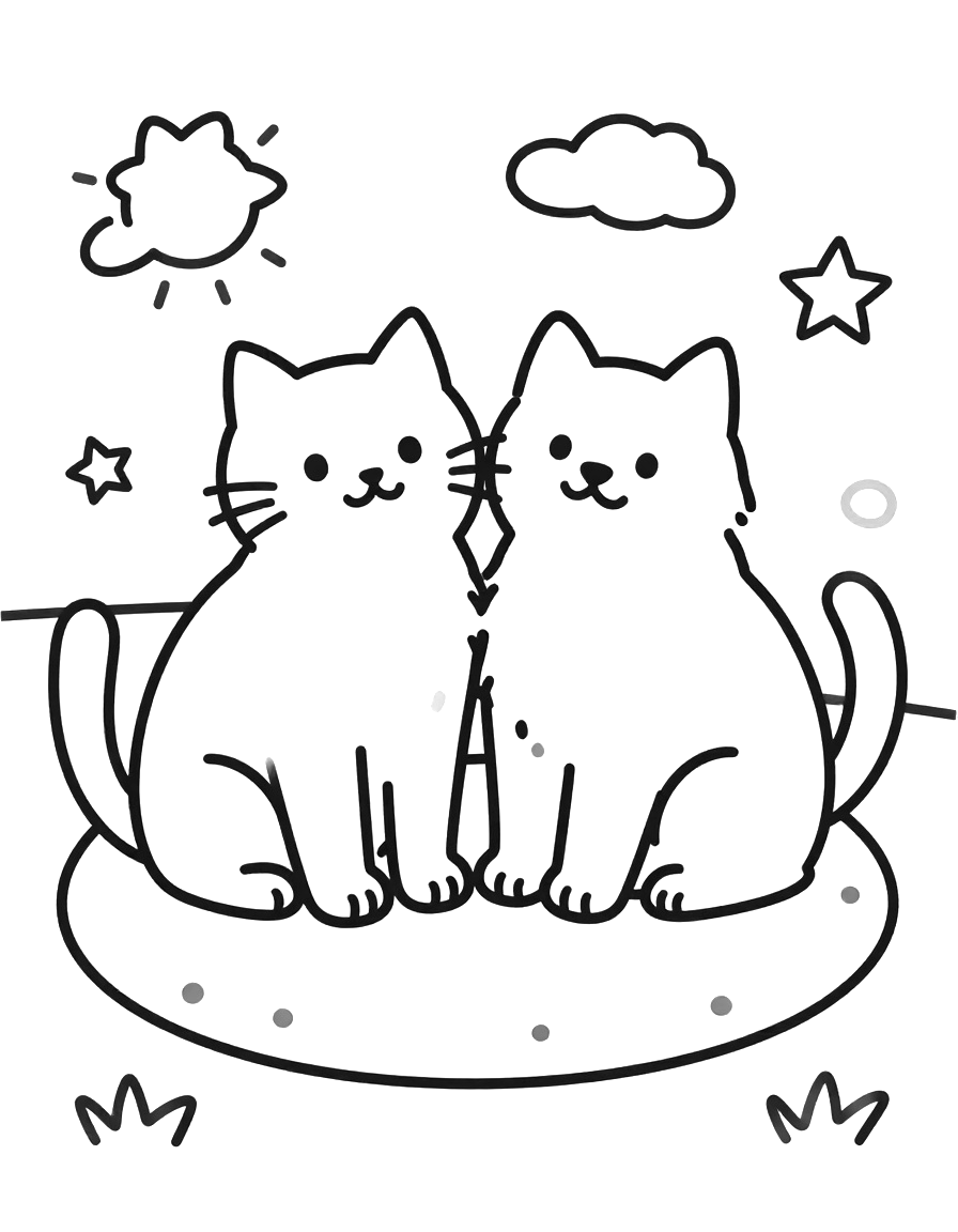 Tegning til farvelægning af en kat og en hund, der sidder tæt sammen på et tæppe under skyer og stjerner.