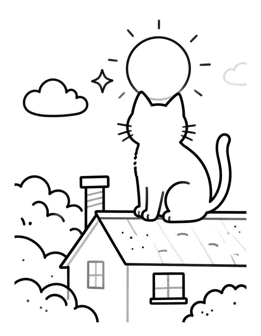 Tegning til farvelægning af en kat, der sidder på et hustag ved skorstenen og kigger op på månen og stjernerne.