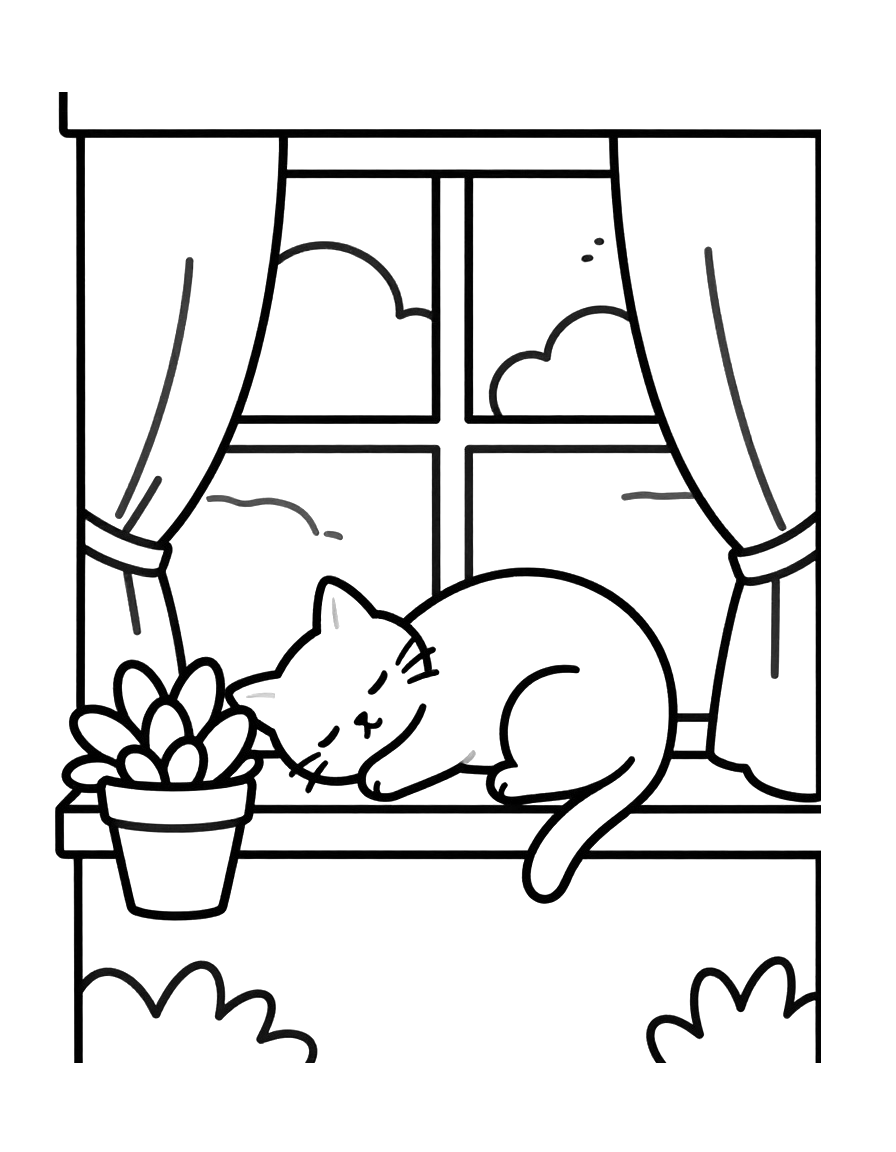 Tegning til farvelægning af en kat, der sover sammenrullet i vindueskarmen ved siden af en potteplante og gardiner.