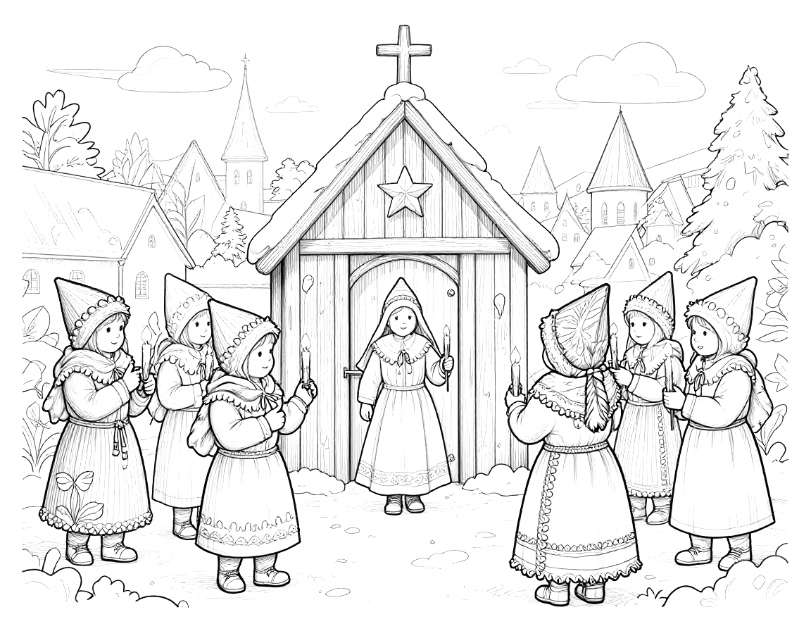 Tegning til farvelægning af et luciaoptog, hvor børn med lys og stjernehatte går mod en kirke i vintersne.