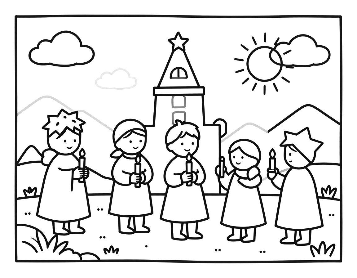 Tegning til farvelægning med fem børn i luciaoptog foran en kirke, hvor de holder lys og har stjernehatte.