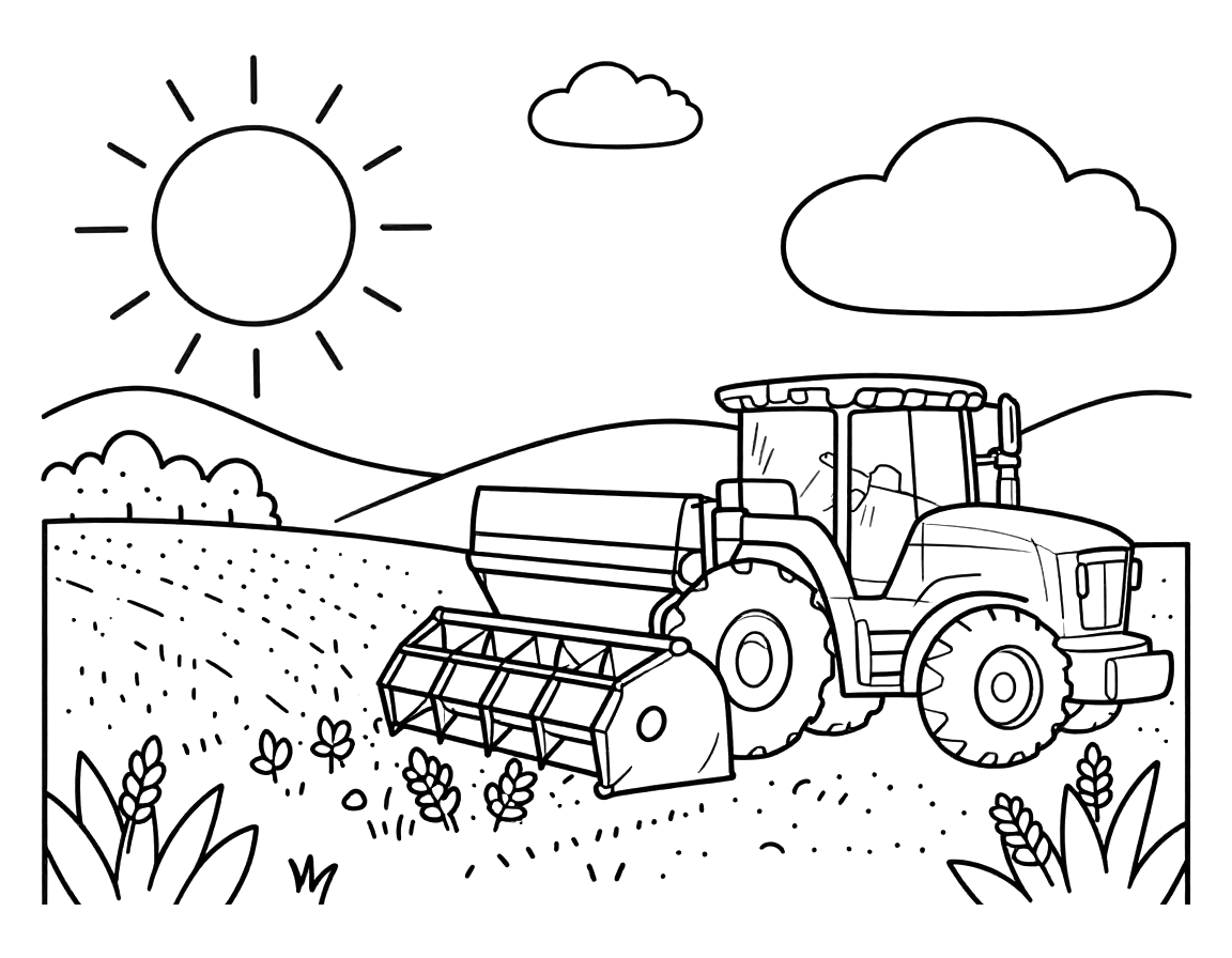 Tegning til farvelægning af en mejetærsker, der høster en kornmark, mens en traktor med trailer kører ved siden af.