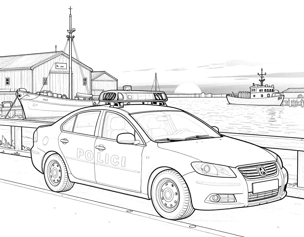 Tegning til farvelægning af en politibil parkeret ved en dansk havn med både og lagerbygninger i baggrunden.