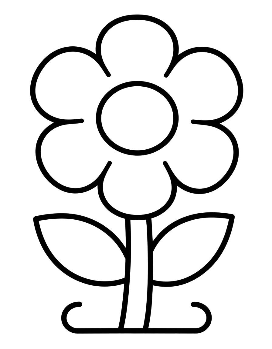 Tegning til farvelægning af en stor blomst med fem runde kronblade, en stilk, to blade og en buet streg nederst.