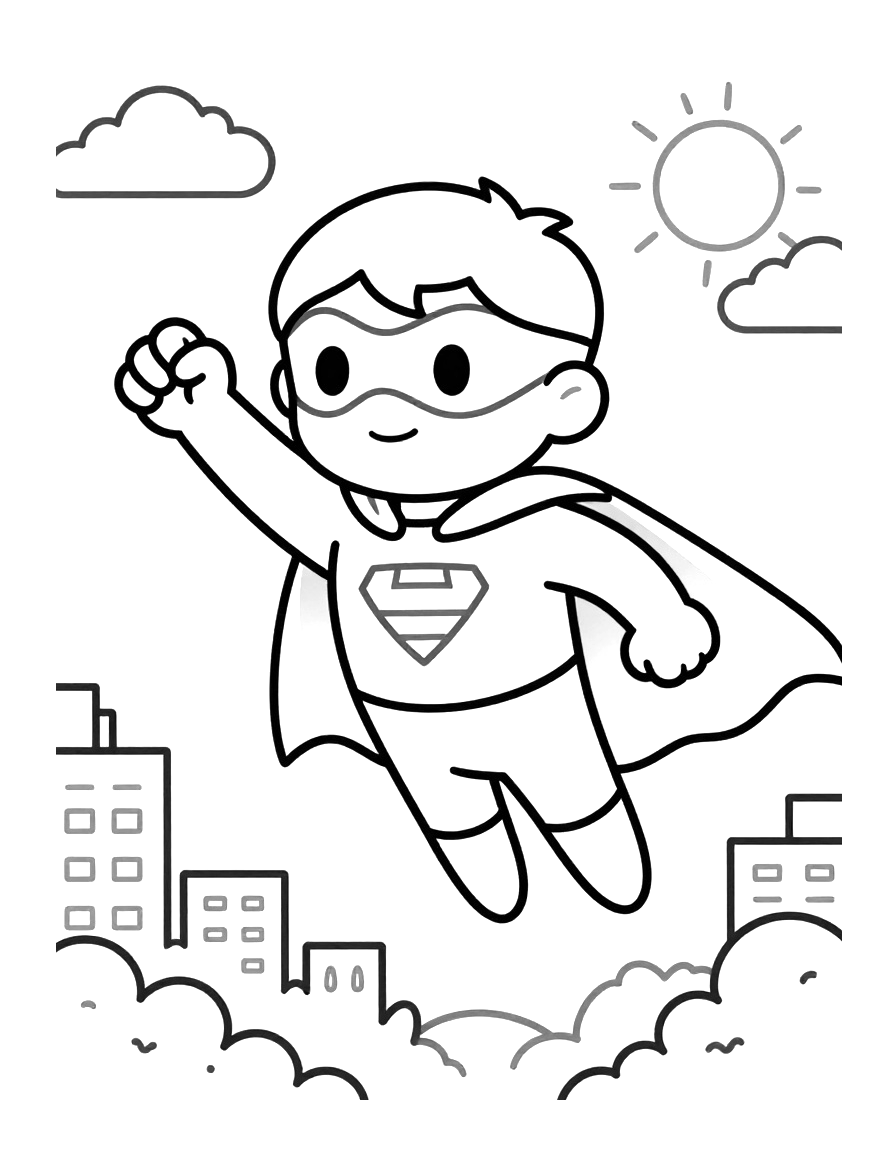 Tegning til farvelægning af en superhelt med maske og kappe, der flyver over byens tage med en knyttet næve fremme.