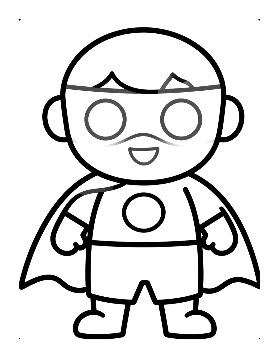 Tegning til farvelægning af et smilende barn med superheltmaske, kappe og et emblem på brystet.