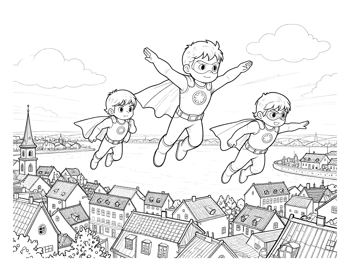Tegning til farvelægning med tre superhelte, der flyver i formation over tage, kirketårn og havn i en dansk by.