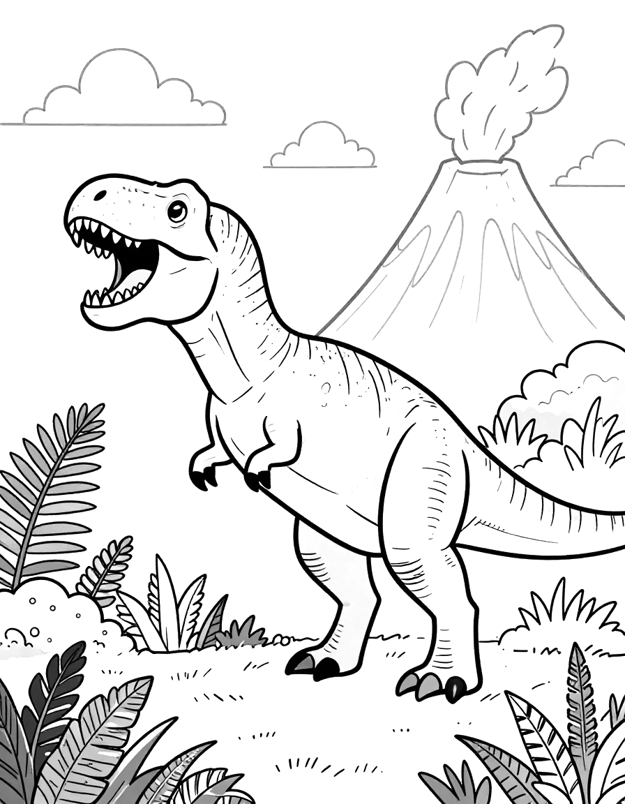 Tegning til farvelægning af en T-rex, der brøler i en jungle med bregner og en vulkan i baggrunden.