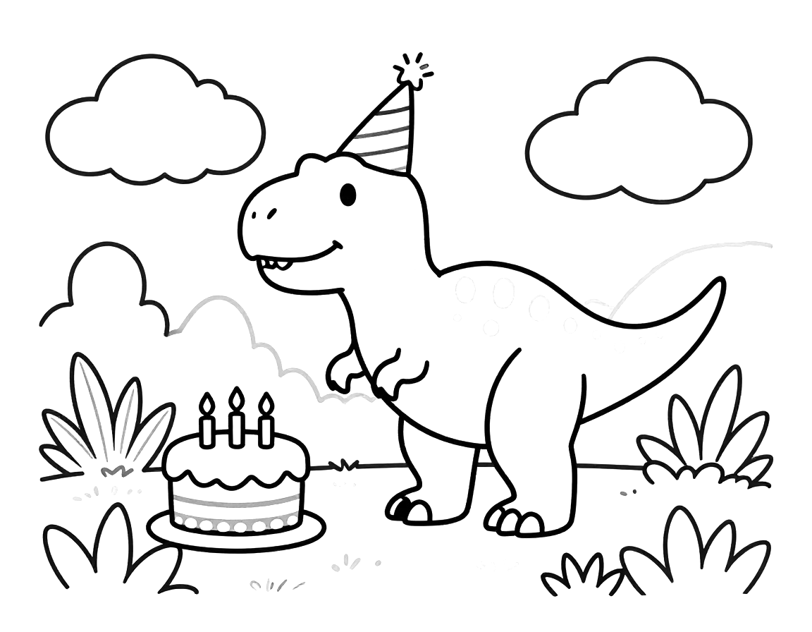 Tegning til farvelægning af en T-rex med festhat, der står ved en fødselsdagskage med levende lys i en lysning.