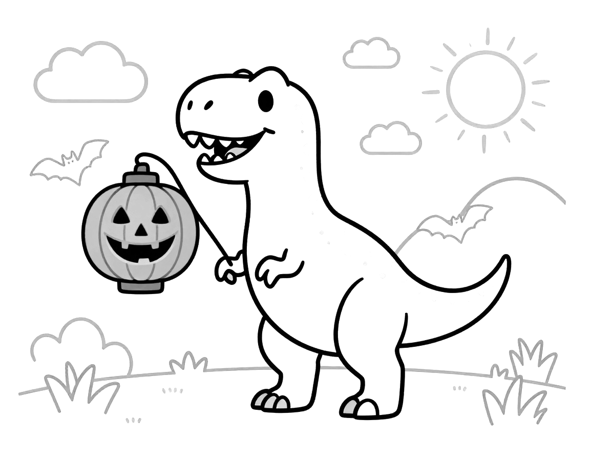 Tegning til farvelægning af en smilende Tyrannosaurus rex, der holder en græskarlygte med ansigt i en mark med græskar og flagermus.