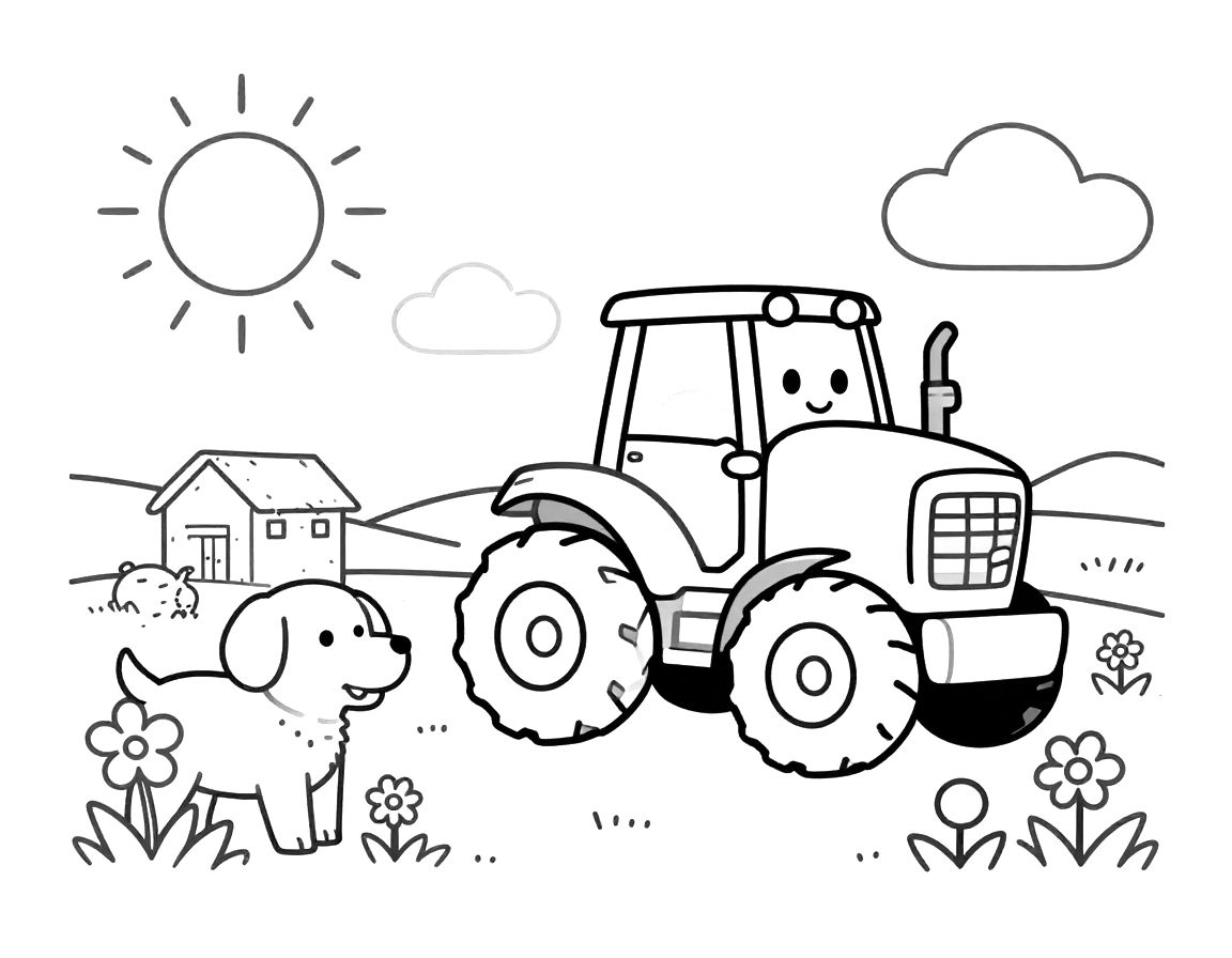 Tegning til farvelægning af en smilende traktor, der kører på en mark sammen med en glad hund foran en lille gård med halmbunker og blomster.