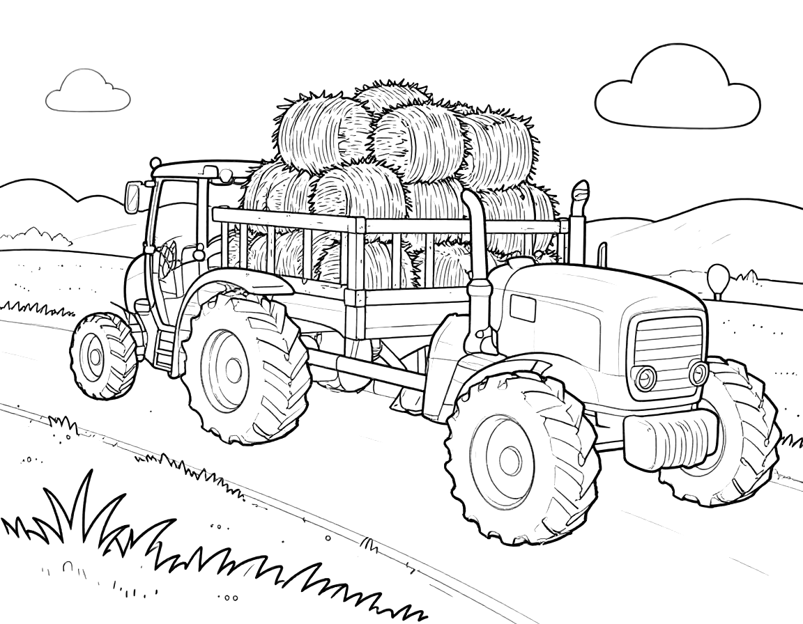 Tegning til farvelægning af en traktor, der trækker en vogn fyldt med halmballer ad en landevej