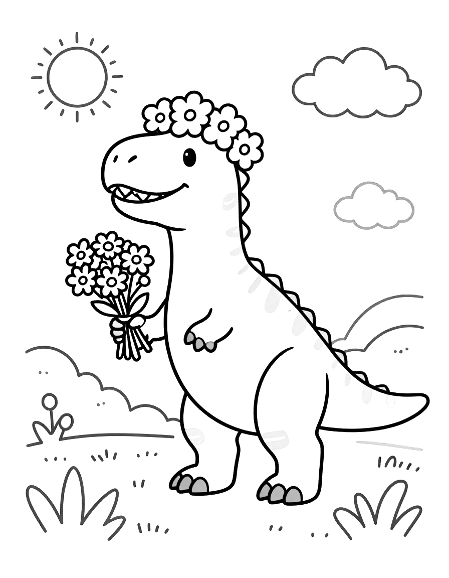 Tegning til farvelægning af en tegneserie-Tyrannosaurus rex med blomsterkrans, der holder en buket markblomster på en eng med sol og skyer.