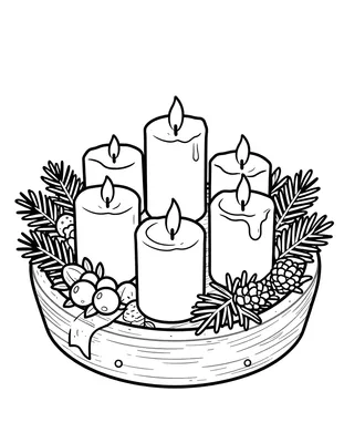 Tegning til farvelægning af en adventskrans med fire tændte lys, gran, bær og kogler på et træfad.