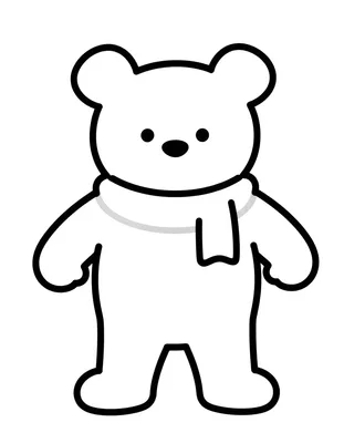 Tegning til farvelægning af en rund bamse med halstørklæde og store, tykke omrids.