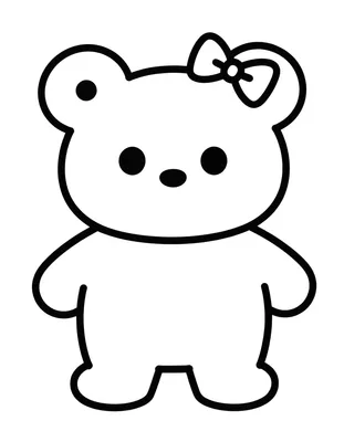 Tegning til farvelægning af en sød bamse med sløjfe på øret og et enkelt kawaii ansigt med prikøjne.