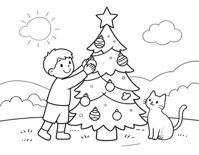 Tegning til farvelægning af et smilende barn, der hænger julekugler på et juletræ, mens en kat sidder og kigger på.