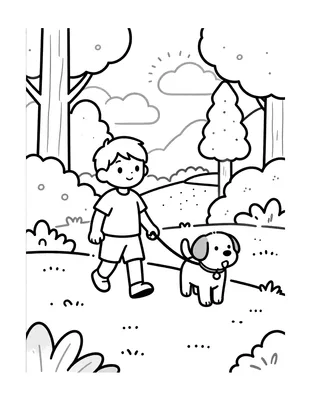 Tegning til farvelægning af et barn, der går tur med en glad hund i snor ad en skovsti under høje træer.