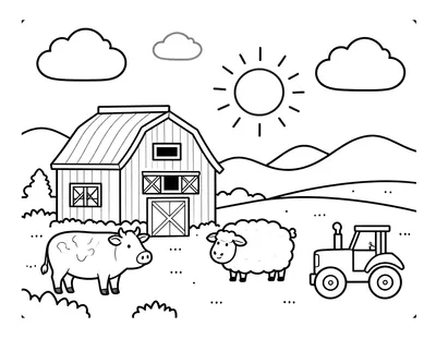Tegning til farvelægning af en bondegård med lade, ko, får og traktor i gården