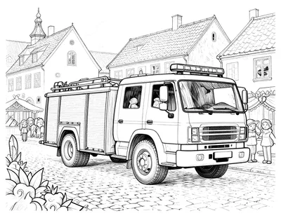 Tegning til farvelægning af en brandbil, der holder på en brostensbelagt gade i en gammel dansk by med julemarked.
