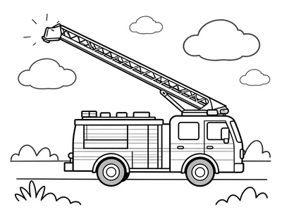 Tegning til farvelægning af en brandbil med en lang, udskudt stige foran brandstationen under skyer på himlen.
