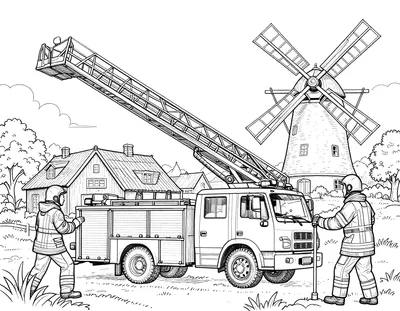 Tegning til farvelægning af en brandbil med rejst stige foran en brændende gård, hvor brandmænd arbejder, og en vindmølle står i baggrunden.