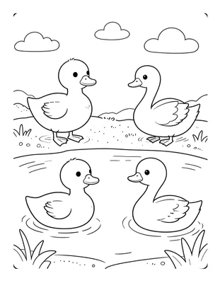 Tegning til farvelægning med en grå ælling, der ser sit spejlbillede i vandet og opdager en smuk svane.