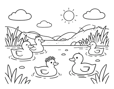 Tegning til farvelægning med en familie af ænder, der svømmer på en dam med siv, hvor en ælling har en lille blomsterkrans, og et sankthansbål ses i baggrunden.