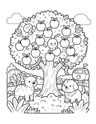 Tegning til farvelægning af en frodig have med et stort æbletræ, en slange på grenen, bjørn, hund og blomster.