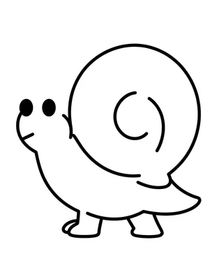 Tegning til farvelægning af en stor snegl med et rundt sneglehus med spiral og to øjne på stilke.