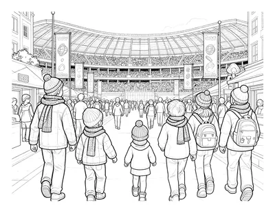 Tegning til farvelægning af en familie i halstørklæder og hue, der går gennem en travl gade mod et stort fodboldstadion med bannere og tilskuere.