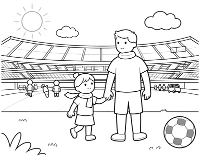 Tegning til farvelægning af en far og et barn, der holder i hånd på vej mod et stadion med fodbold og fans i baggrunden.